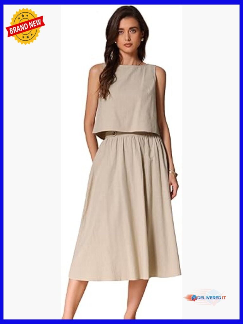 2 Piece Skirt Set Crop Top Midi Skirt Suit Set Sleeveless Summer Outfit